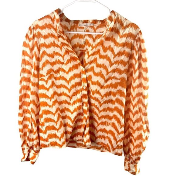 MNG Orange & White Zigzag Button-Up Long-Sleeve Cotton Blouse NWOT Sz M - Picture 1 of 9